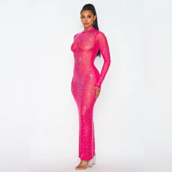 Dresses | Pink Grand Entrance Sheer Mesh Rhinestone Maxi Dress | Poshmark